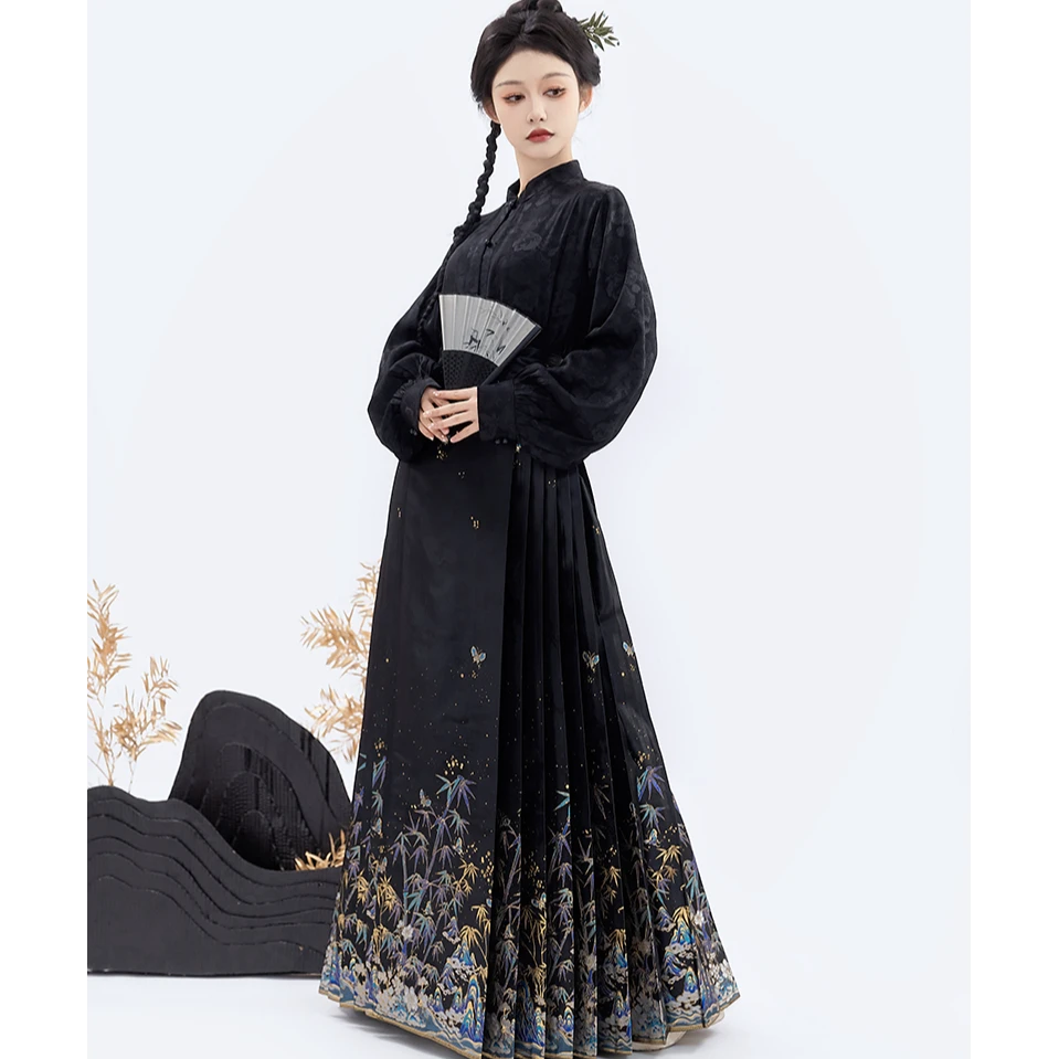 言然言然原创新款重工妆花织金金竹马面裙黑色传统日常秋冬专属