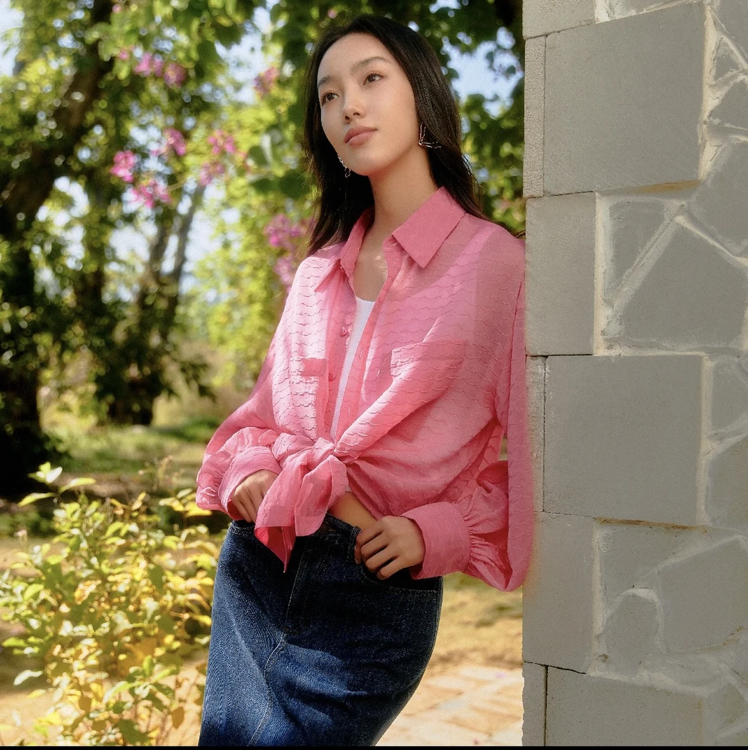 阿玛施气质甜美透纱衬衫树莓粉长袖时尚宽松纯色春夏