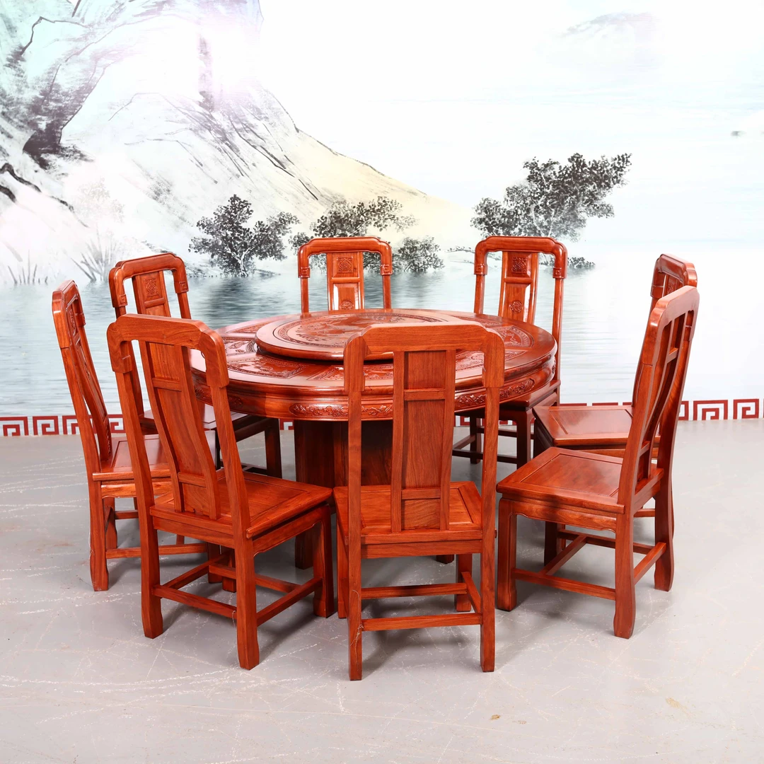 刺猬Z檀古典雕花家用圆餐桌吃饭桌客厅整套