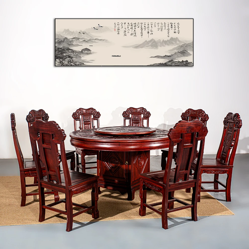 南美酸枝古典雕花圆形旋转餐桌吃饭桌餐厅整套家具