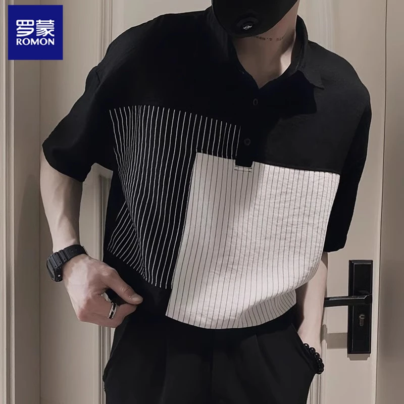 Romon/罗蒙复古撞色polo衫短袖男士痞帅条纹拼接T恤五分袖体恤衫