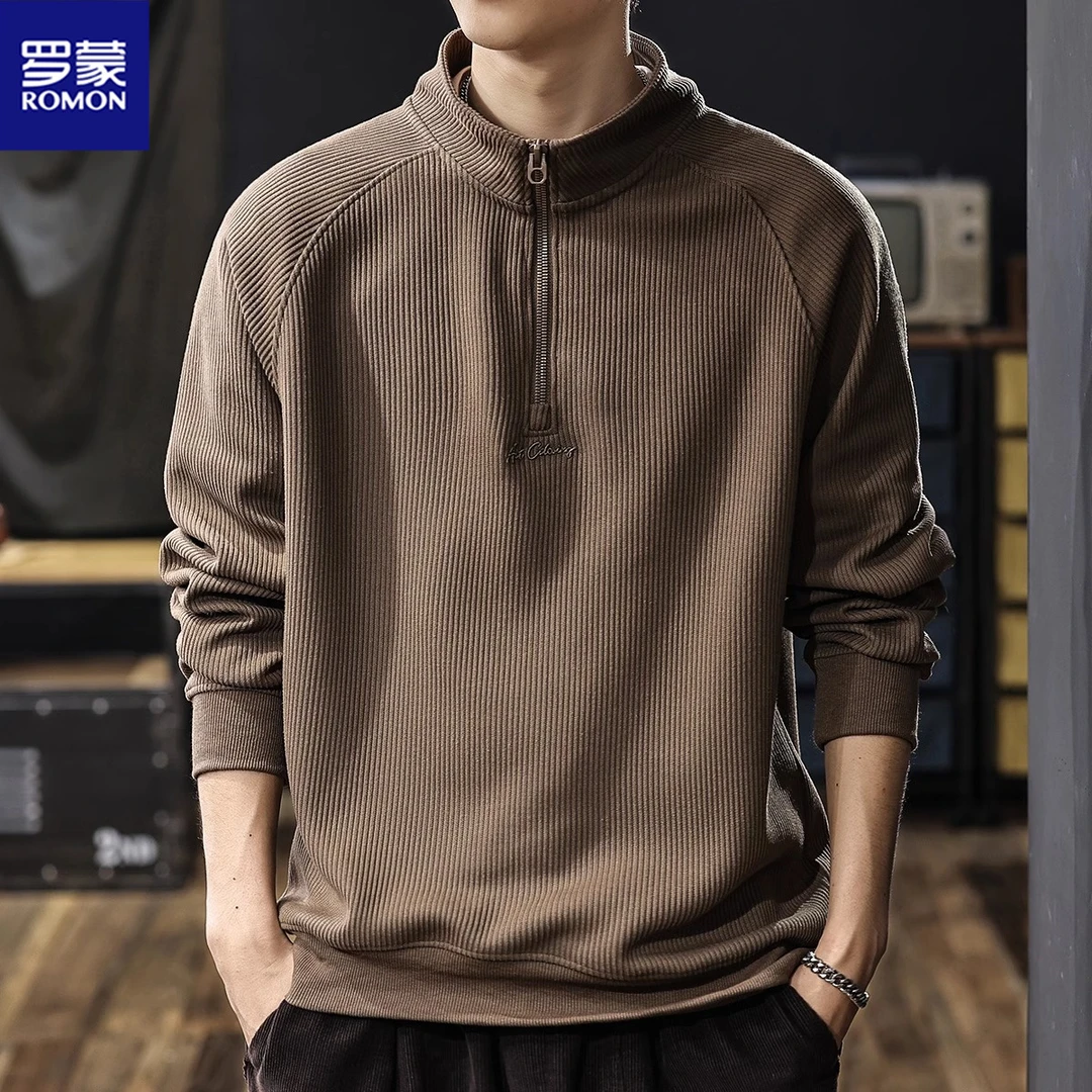 Romon/罗蒙美式重磅加绒半拉链立领卫衣男秋冬休闲新款条纹针织衣