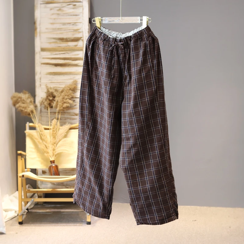 早春麻味2024新版宽松棉料撞色格子抽绳双层文艺通勤减龄休闲长裤