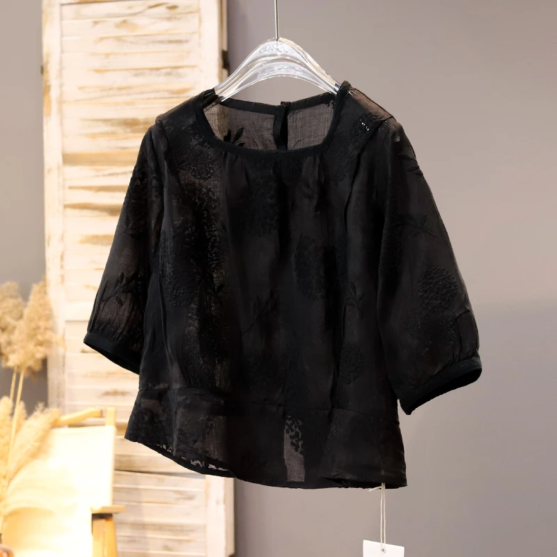 2024年夏款上新女士复古刺绣苎麻衬衣百搭减龄文艺气质设计感衬衫