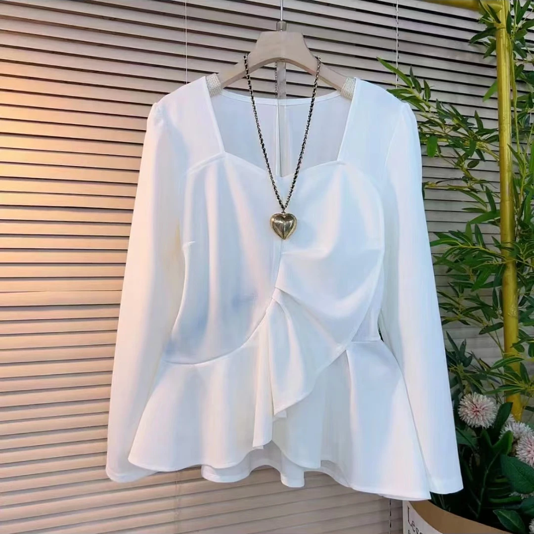 5263法式高级感方口领设计感小衫微胖mm大码收腰显瘦内搭上衣