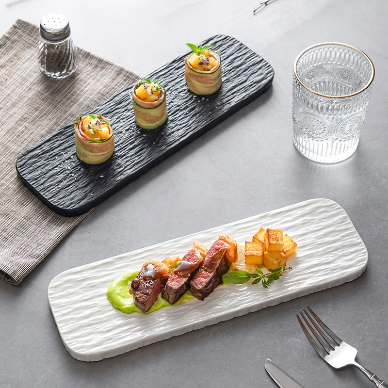 岩石纹日式陶瓷家用长方刺身甜品平托盘寿司糕点盘子酒店商用摆盘