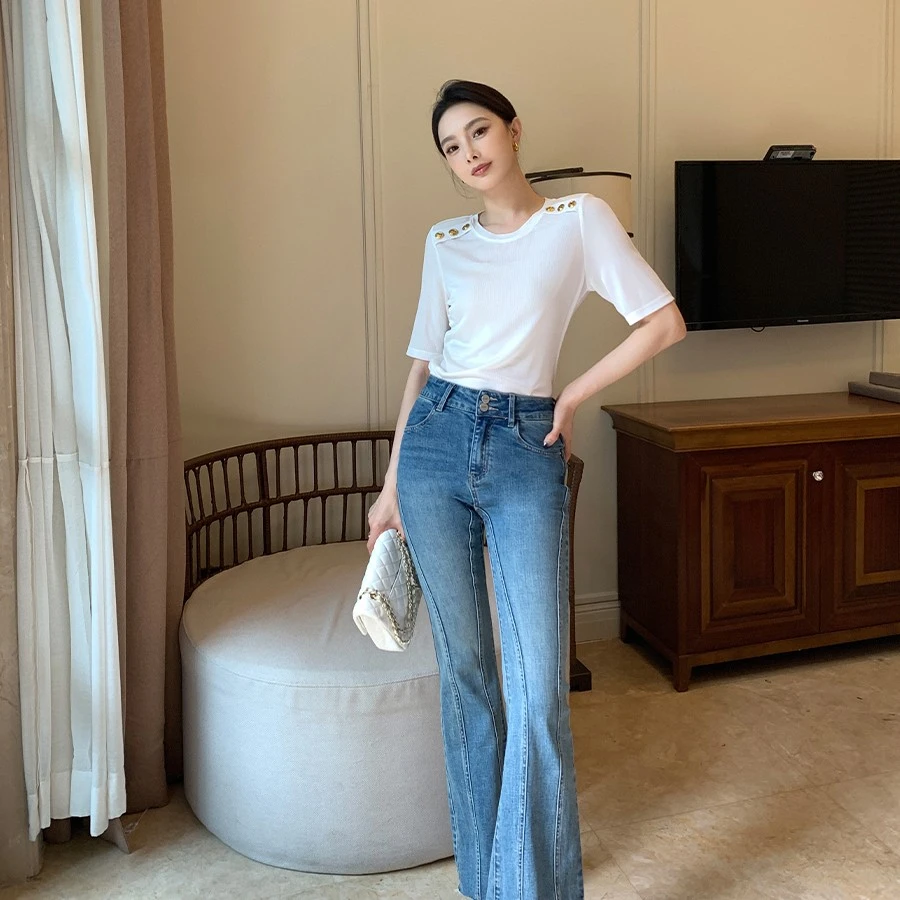 烈儿宝贝【旧厂街牛仔】高棉高弹亲肤双扣腰头牛仔喇叭裤高腰直筒