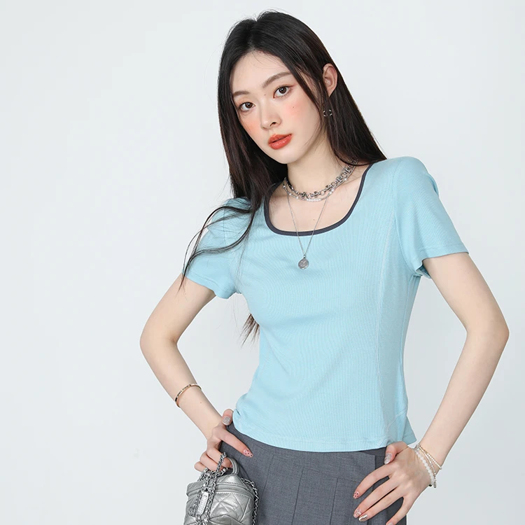 烈儿宝贝【熊猫撞色T】40s人棉米粒坑条弹力U领短袖K41TXR039