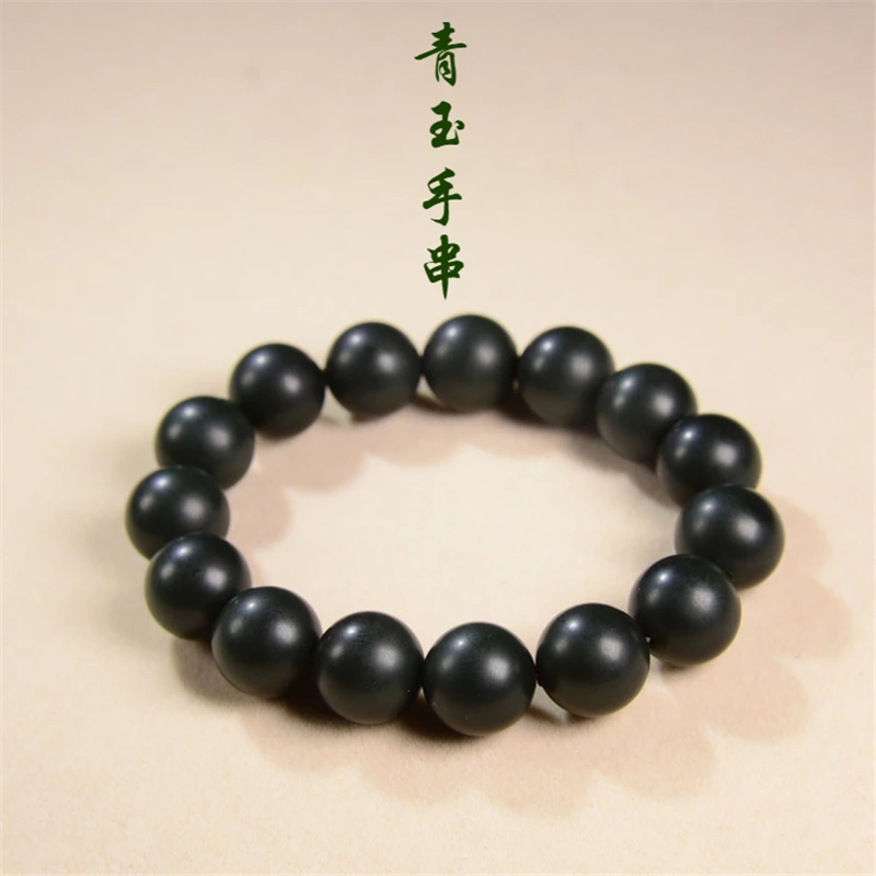 和田玉手串男款塔青玉圆珠14mm绿色珠串伴手礼念珠民族风单圈手作