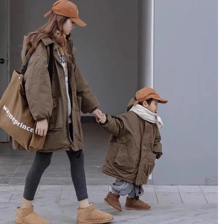 亲子装派克服加绒秋冬中长款连帽宽松韩版亲子男女一家三口亲子装