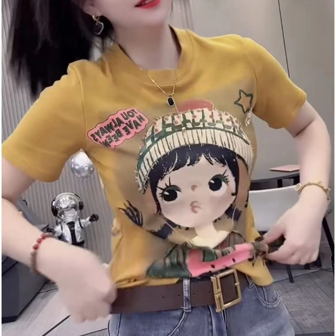 时尚韩版潮牌短袖T恤女宽松百搭简约印花时尚甜妹ins卡通上衣