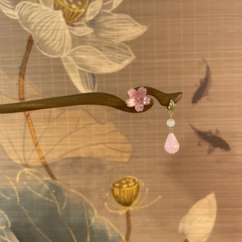 J264粉花吊坠18公分发簪气质手工发饰中式纯手工国风百搭时尚发簪