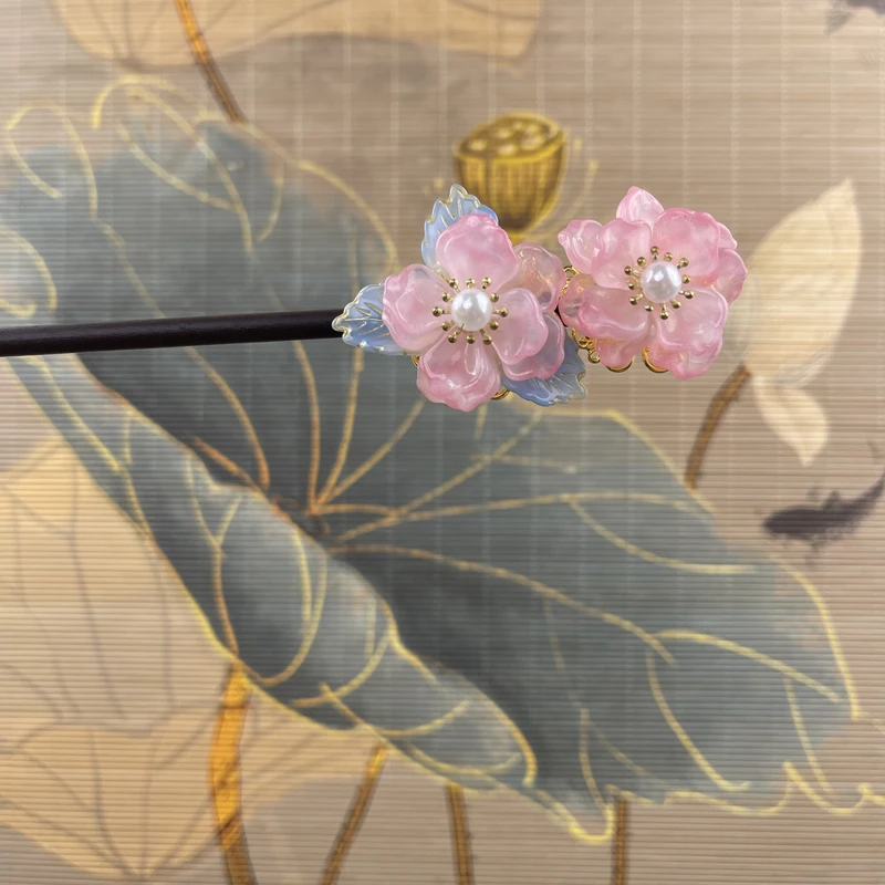 J100双粉花发簪气质手工头饰发饰中式纯手工国风簪子百搭时尚发簪