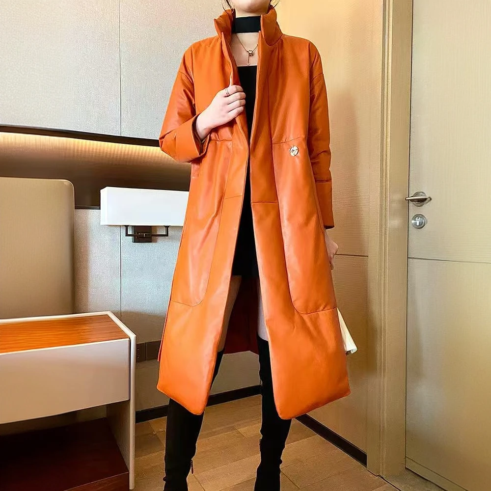 原创设计师专柜高端绵羊皮真皮羽绒服女中长款气质皮草白鹅绒外套