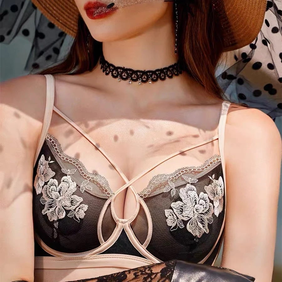 法式内衣女超薄软钢圈性感蕾丝刺绣大胸显小收副乳调整型文胸罩