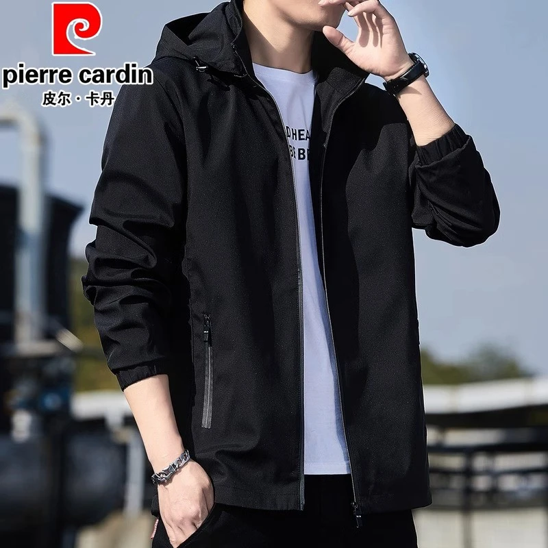 皮尔卡丹正品高端外套男士春秋新款连帽黑色秋冬休闲宽松加绒夹克