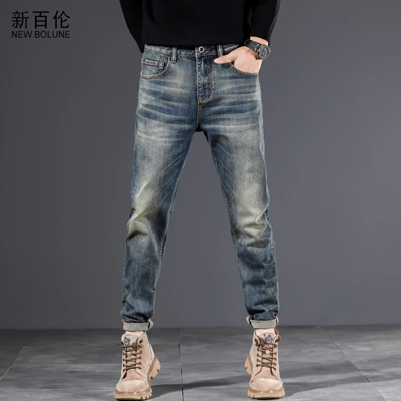NEW BOLUNE/新百伦2024新款春秋牛仔裤男复古小脚修身小直筒长裤