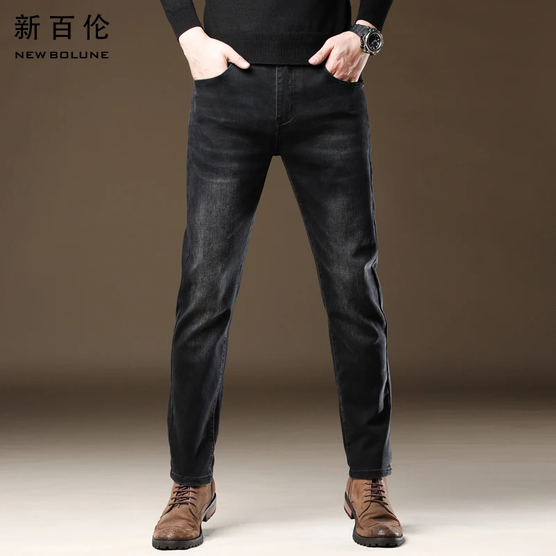 新百伦春夏牛仔裤男款黑灰色2025新款休闲百搭保暖修身直筒长裤潮