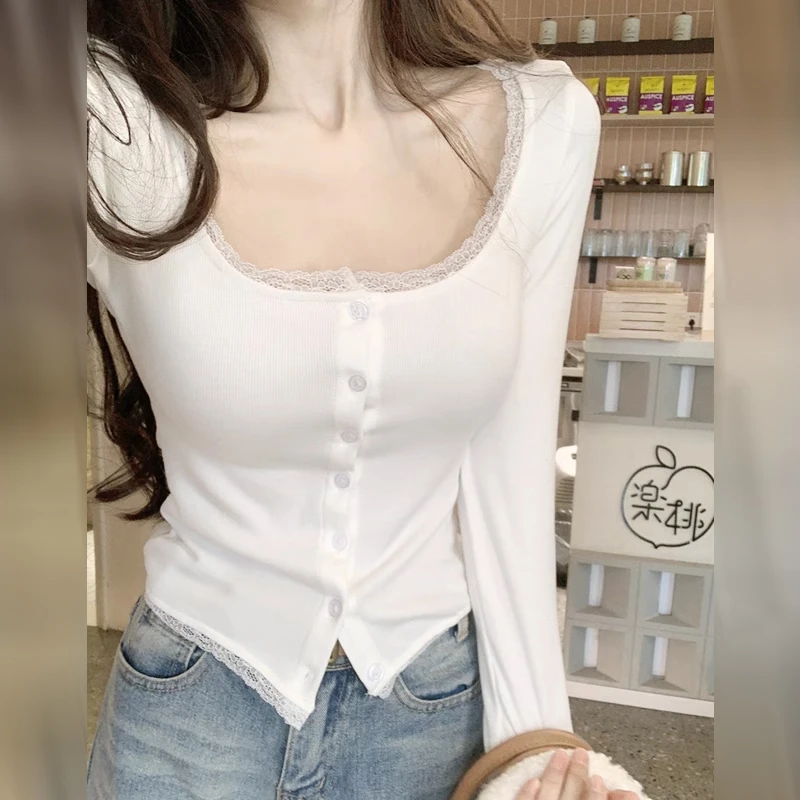 小香蕾丝打底衫女春季2025新款纯欲白色低领辣妹短款内搭茶艺上衣