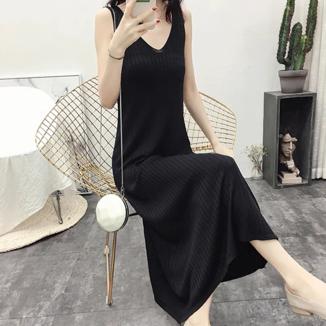 夏款纯色挂肩双V领背心裙宽松气质百搭显瘦大码针织连衣裙款003