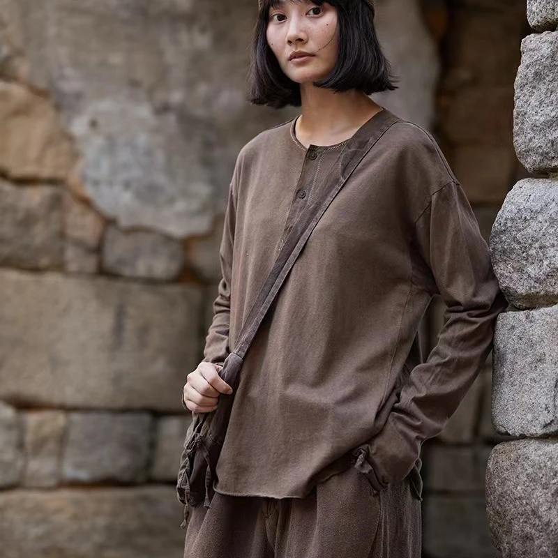 深深一刻 左岸迷香 休闲时尚 长袖套头 男士植物染T恤 Z24SS9003