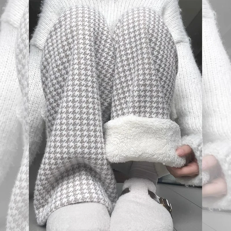 法式高级感小香风千鸟格毛茸茸阔腿裤2025冬季加厚羊羔绒保暖长裤