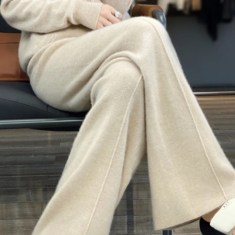 羊毛阔腿裤女宽松休闲外穿垂感羊绒长裤秋冬直筒高腰针织毛呢裤子