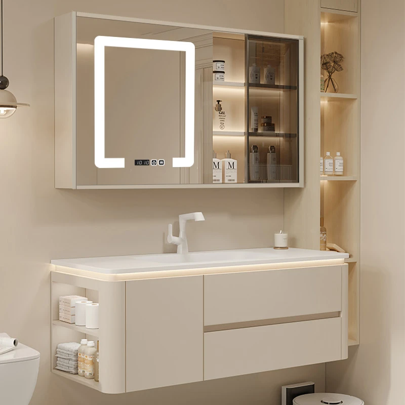 裕慕梓奶油风智能浴室柜洗脸盆柜组合陶瓷一体盆卫生间洗手盆柜