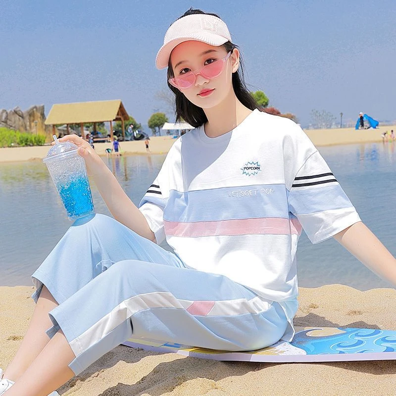 中学生夏装短袖t恤女2025青少年少女半袖学院风宽松高初中生套装