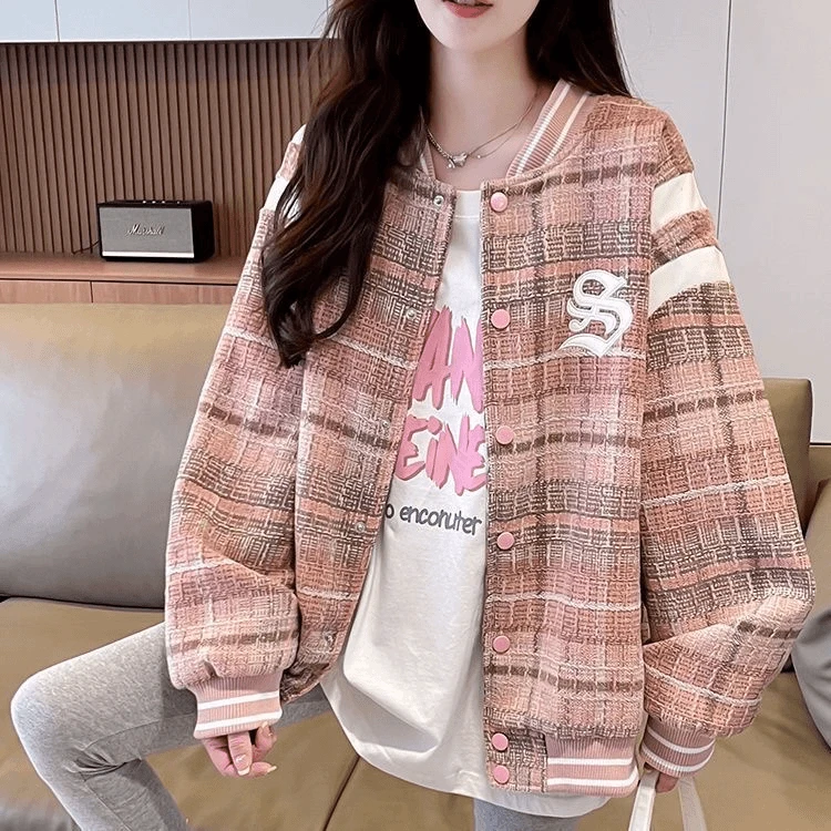 美式格子刺绣外套少女春秋装新款初中高中学生女款宽松夹克棒球服