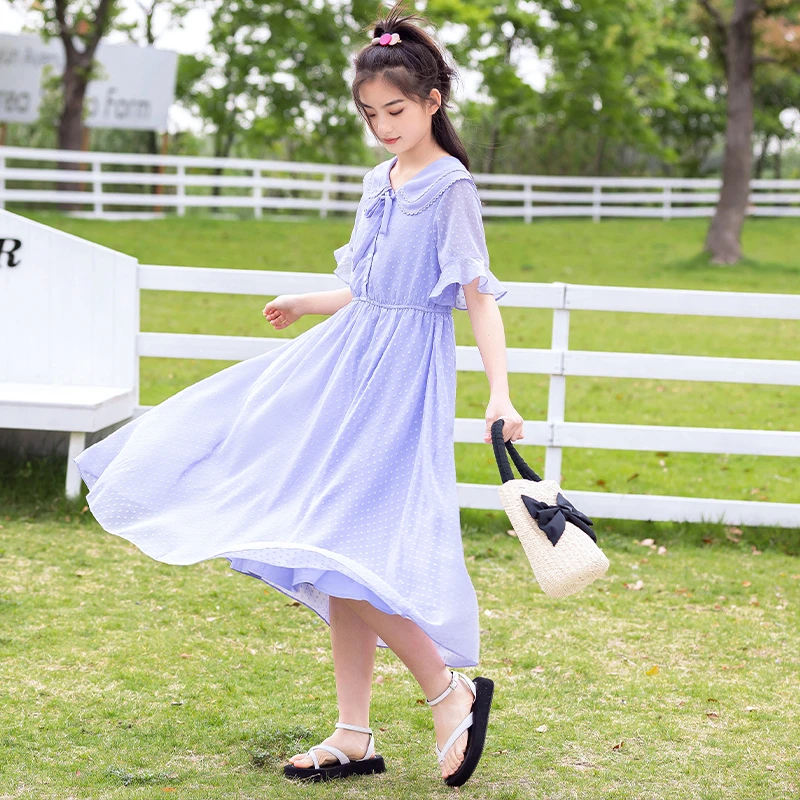 少女时尚洋气连衣裙长款过膝初中学生夏装气质紫色中大童仙女裙子