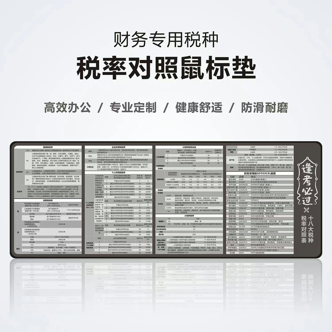 财务专用鼠标垫十八大税种税率对照表高效办公