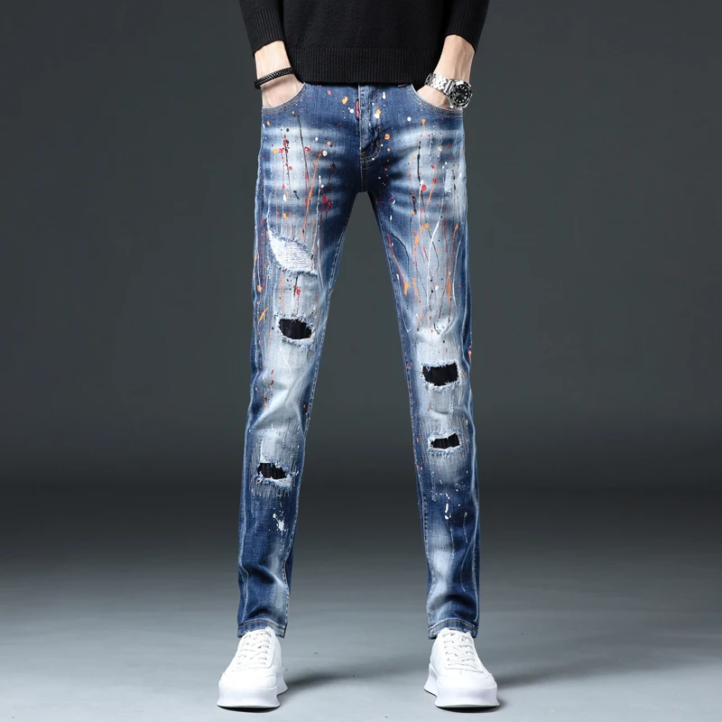 欧美高街潮牌牛仔裤男膝盖破洞补丁油膝点涂鸦乞丐修身小腳长裤