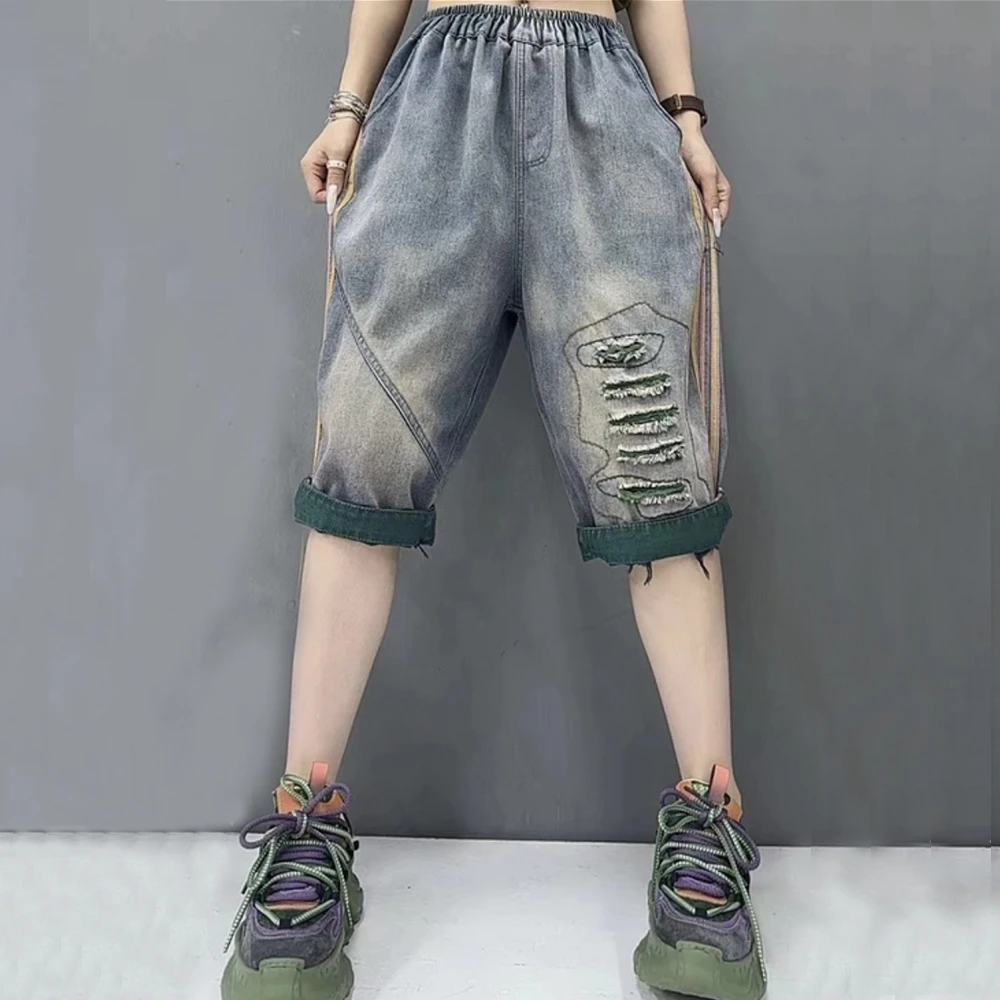 新款彩条破洞哈伦裤休闲显瘦宽松夏季薄款松紧牛仔裤六分裤女士