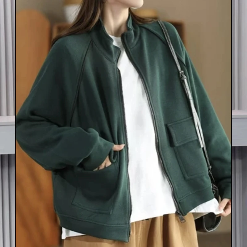 新款立领后印花拉链夹克衫春秋短款休闲时尚百搭宽松上衣女外套