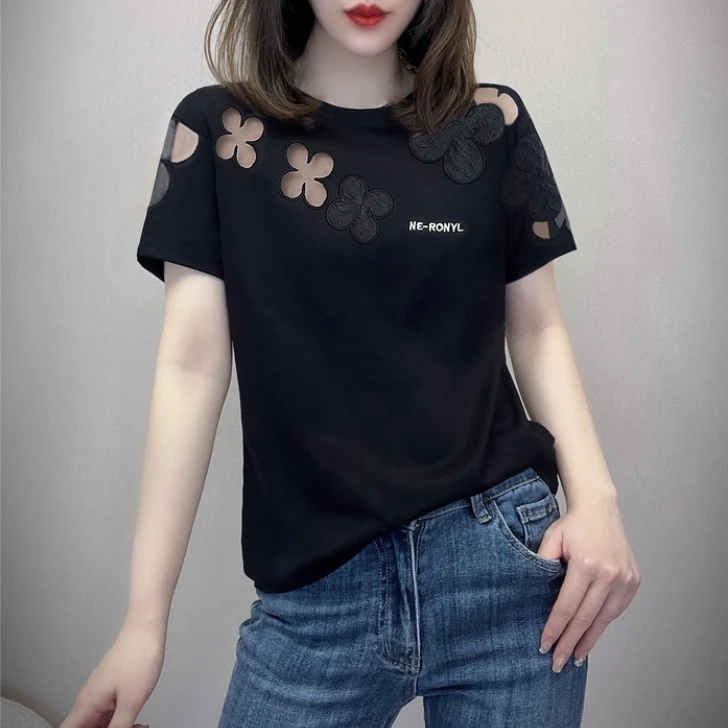 设计感小众黑色圆领镂空宽松减龄短袖T恤女8321