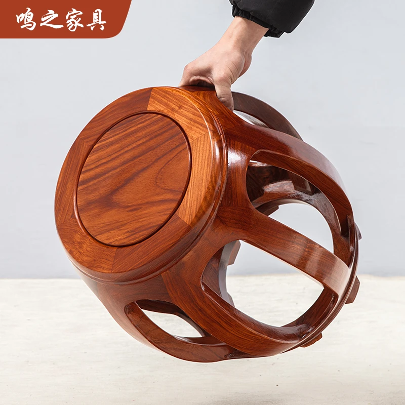 （木纹清晰）红木鼓凳家用中式家具沙发茶几实木圆凳吃饭凳子45高