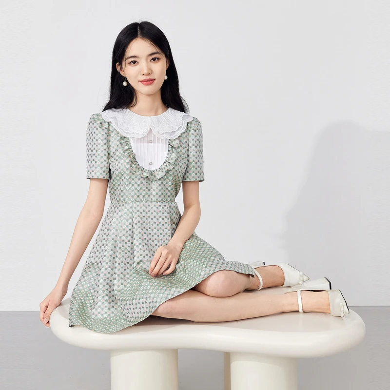 秋水伊人X型绿色圆领中长款连衣裙2023年夏季新款女装小个子裙子