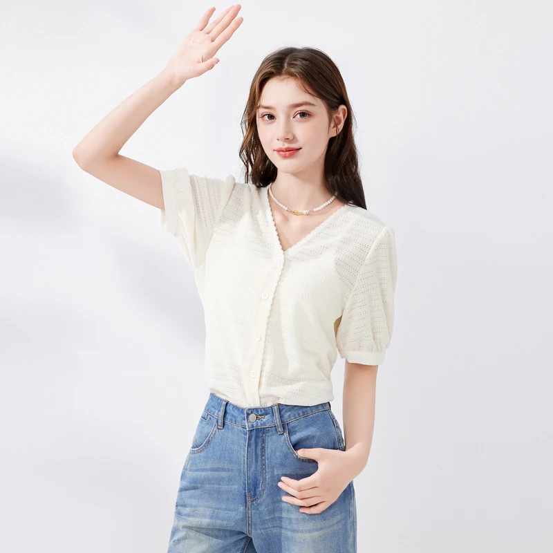 秋水伊人法式气质V领针织开衫2025年夏季新款女时尚百搭短袖上衣