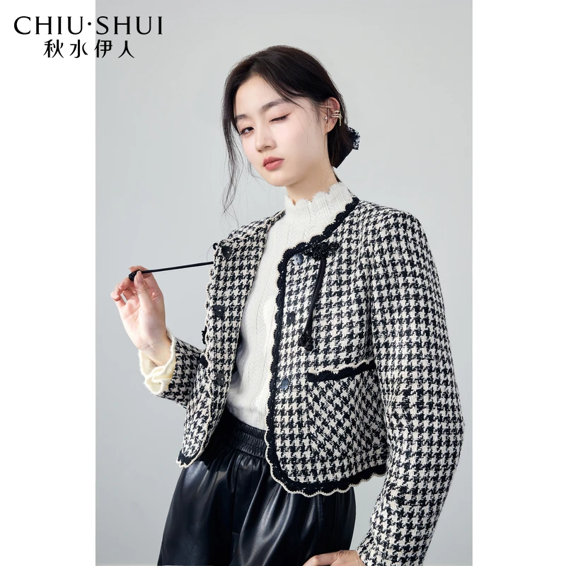 秋水伊人千鸟格圆领国风盘扣小香外套冬季女装上衣623410A130088