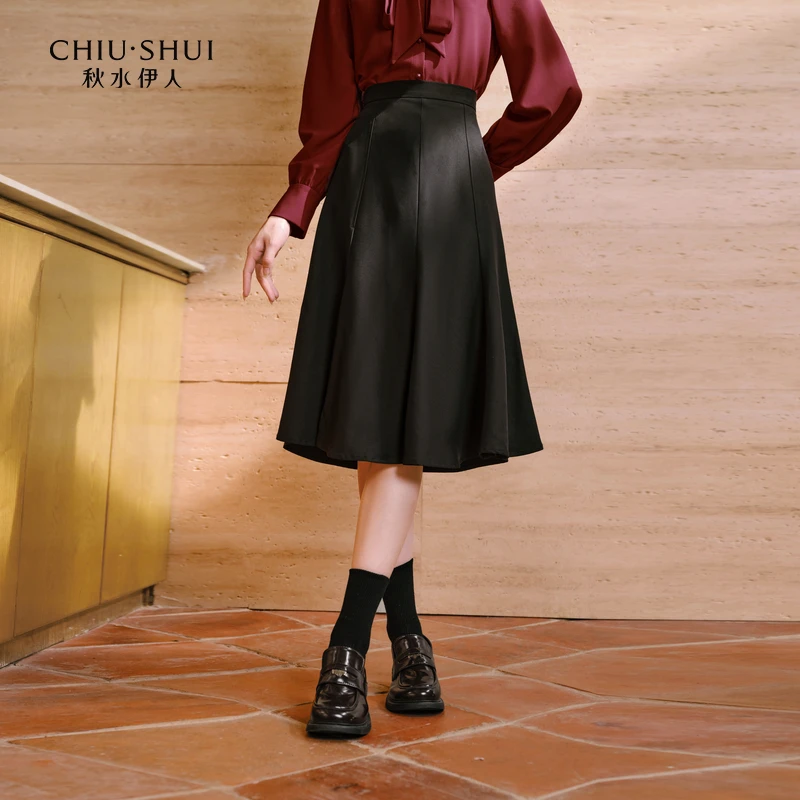 秋水伊人A字高腰中长款半身裙25年新款女装小个子显雅丹风