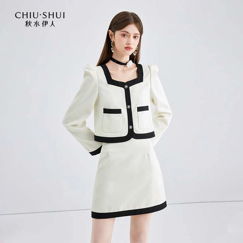 秋水伊人气质方领小香风连衣裙2025年春季新款女设计感假两雅丹风