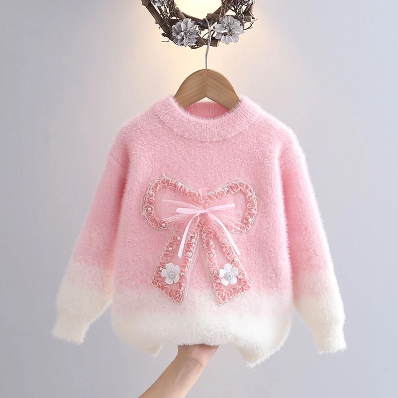女童加厚毛衣2025新款中大童水貂绒洋气蝴蝶结套头保暖打底针织衫