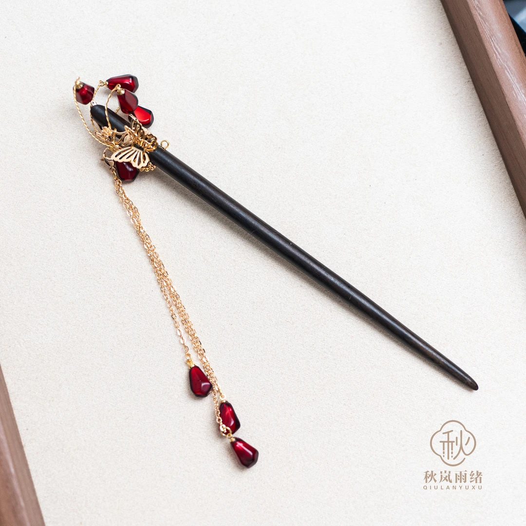 手工原创【花昔染】中国风古风汉服古典盘发簪子新中式流苏铜檀木
