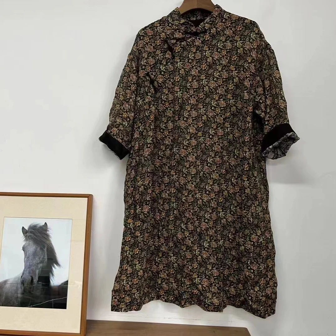 依梦分享-荼家新款上新斜襟立领苎麻连衣裙33581时尚印花