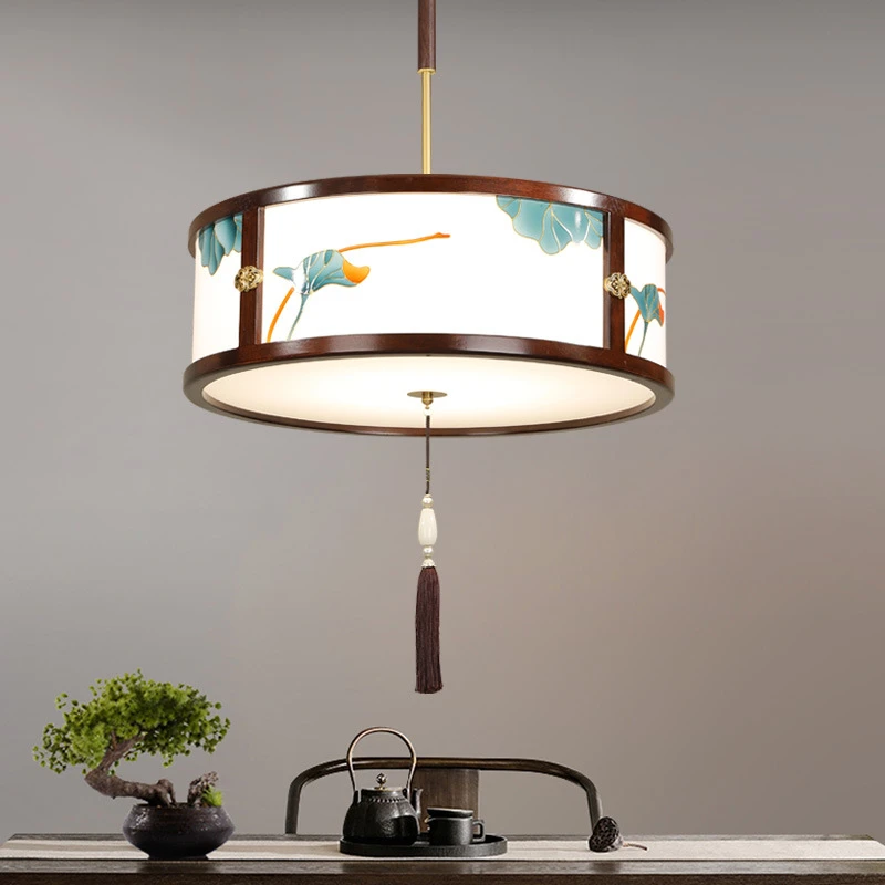 阳台走廊门厅新中式实木吊灯中国风LED餐厅乌金禅意茶室茶楼灯具