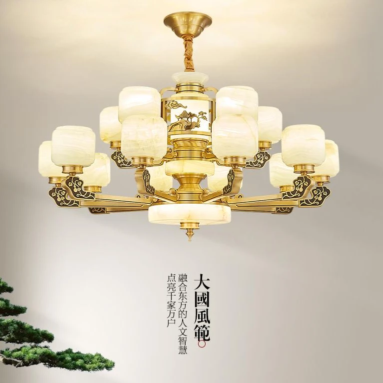 沐灯者新中式全铜家用玉石大厅吊灯高端禅意酒店别墅复式楼点亮灯
