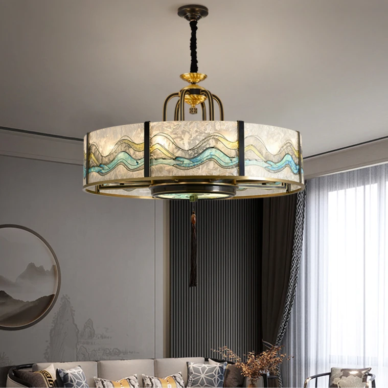 轻奢全铜珐琅彩玄关新中式吊灯客厅餐厅禅意中国风别墅复式楼灯具