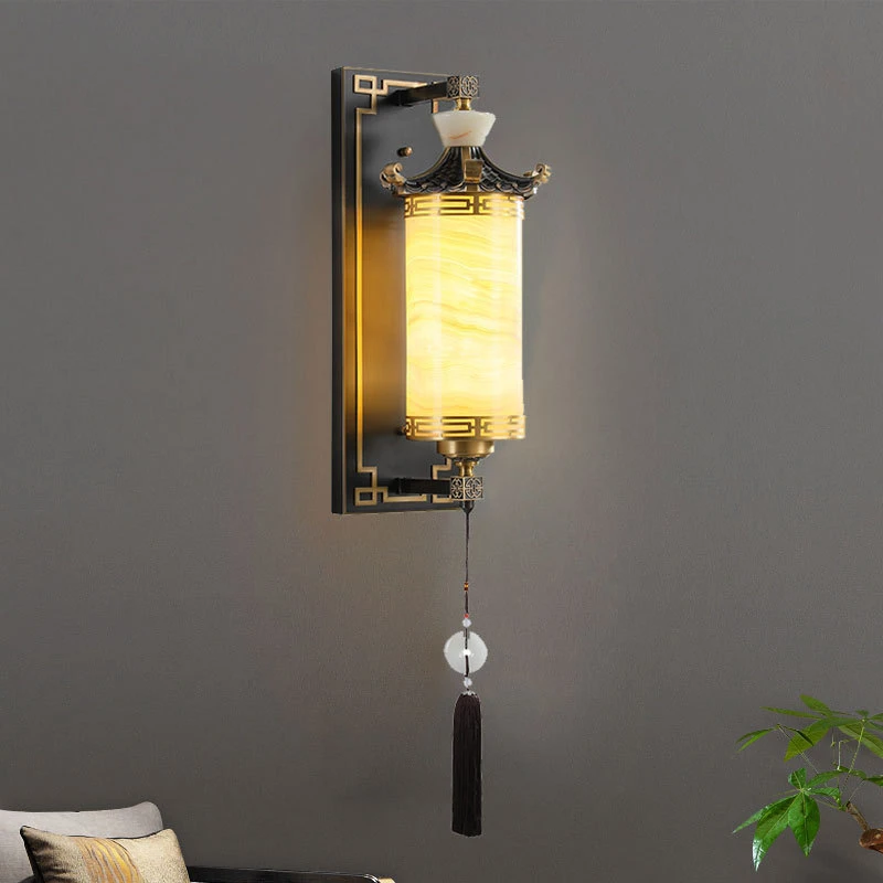 全铜新中式壁灯天然玉石客厅卧室背景墙灯中国风酒店工程会所壁灯