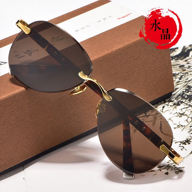 新款水晶石太阳镜男墨镜蛤蟆镜金属无框眼镜清凉润目司机眼镜墨镜